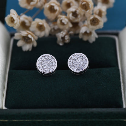 Sterling Silver CZ Crystal Encrusted Disk Stud Earrings, Simple and Elegant.