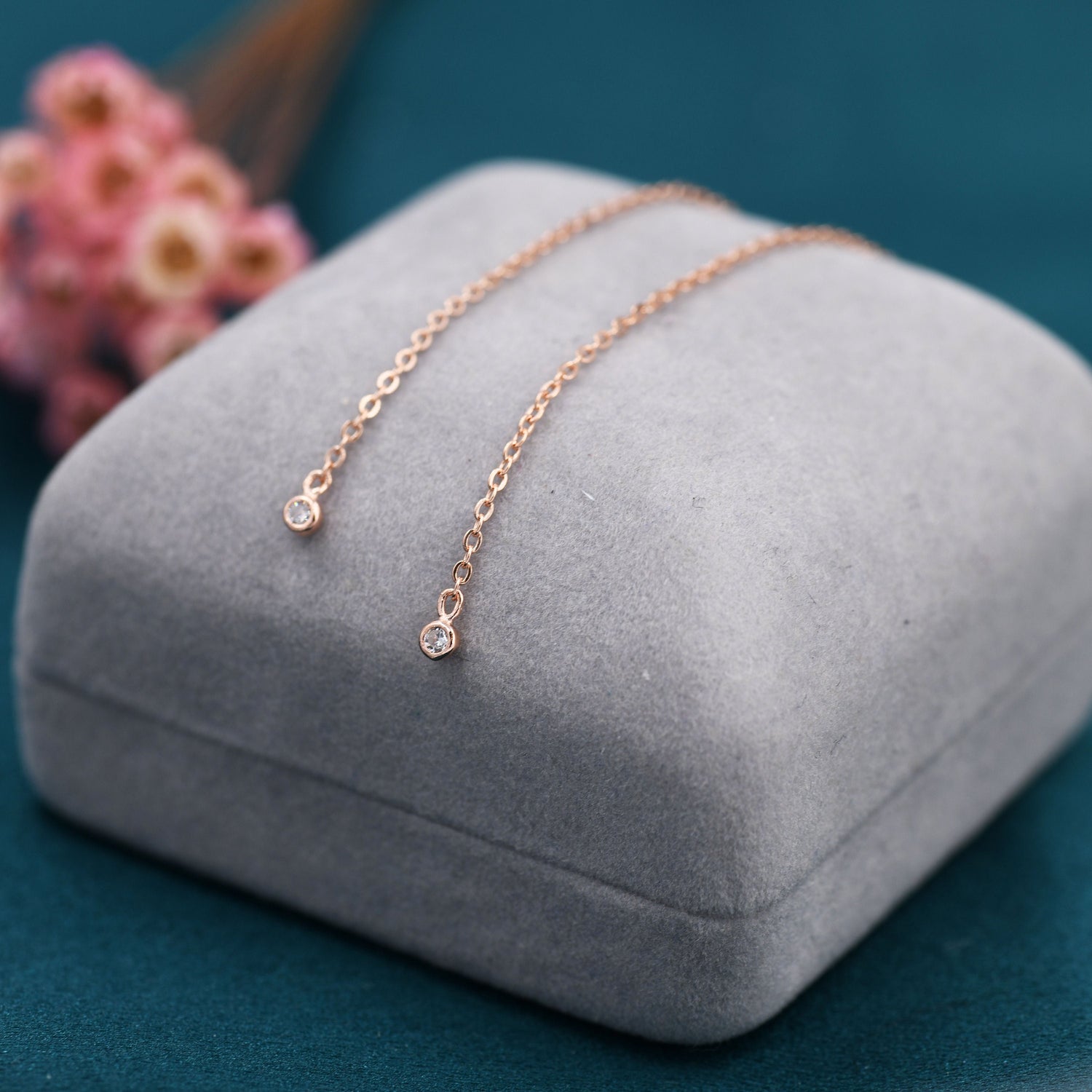 Sterling Silver Tiny Crystal Bezel Threader Earrings, Silver or Rose Gold , Dangle Earrings, Minimalist Geometric, Dainty and Delicate