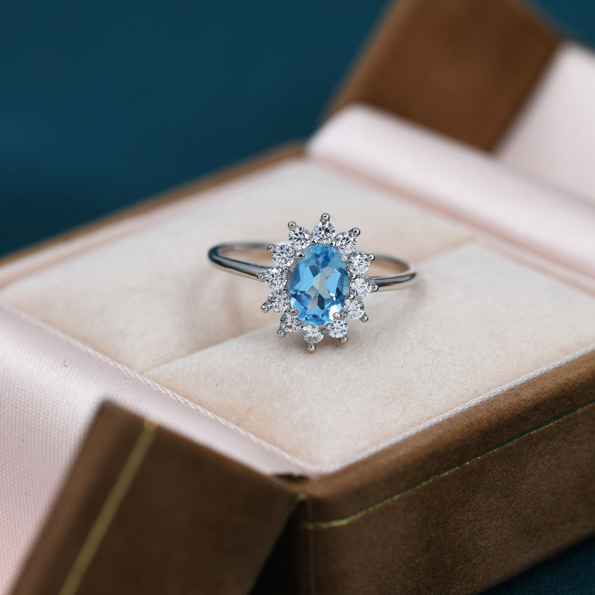 Genuine Swiss Blue Topaz and CZ Halo Ring in Sterling Silver, Natural Topaz Stone Ring, Stacking Rings, US 5-8