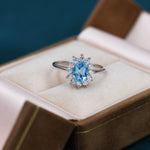 Genuine Swiss Blue Topaz and CZ Halo Ring in Sterling Silver, Natural Topaz Stone Ring, Stacking Rings, US 5-8