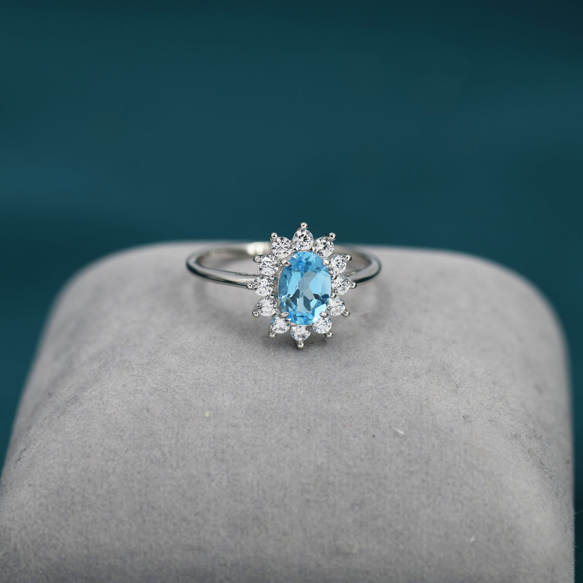 Genuine Swiss Blue Topaz and CZ Halo Ring in Sterling Silver, Natural Topaz Stone Ring, Stacking Rings, US 5-8