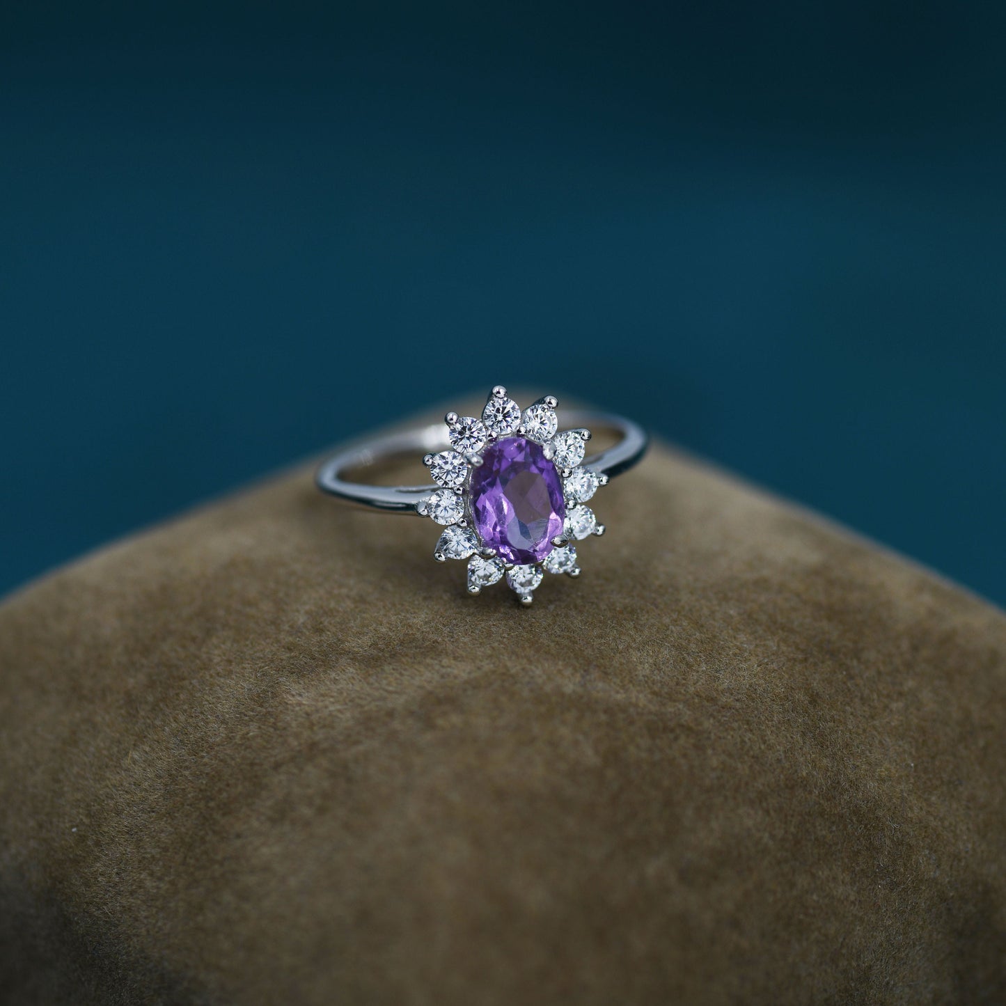 Genuine Amethyst and CZ Halo Ring in Sterling Silver, Natural Amethyst Stone Ring, Stacking Rings, US 5-8