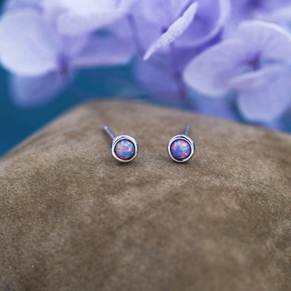 Sterling Silver Tiny Purple Opal Stud Earrings, Tiny Opal Earrings, Purple Opal, Lab Opal Stud, 3mm Opal Earrings