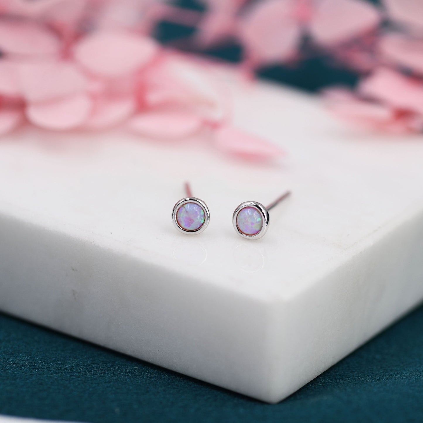 Sterling Silver Tiny Pink Opal Stud Earrings, Tiny Opal Earrings, Pink Opal, Lab Opal Stud, 3mm Opal Earrings