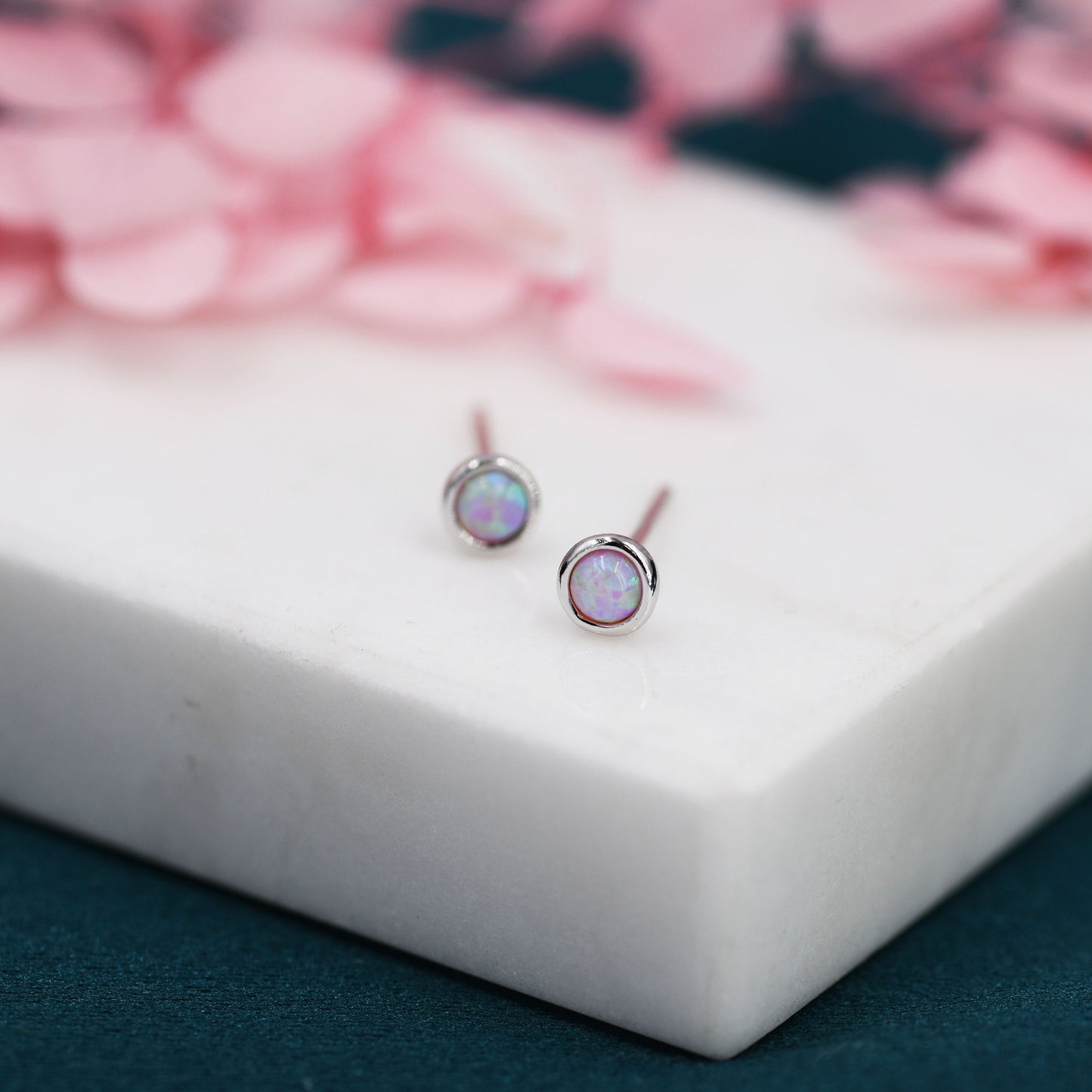 Sterling Silver Tiny Pink Opal Stud Earrings, Tiny Opal Earrings, Pink Opal, Lab Opal Stud, 3mm Opal Earrings