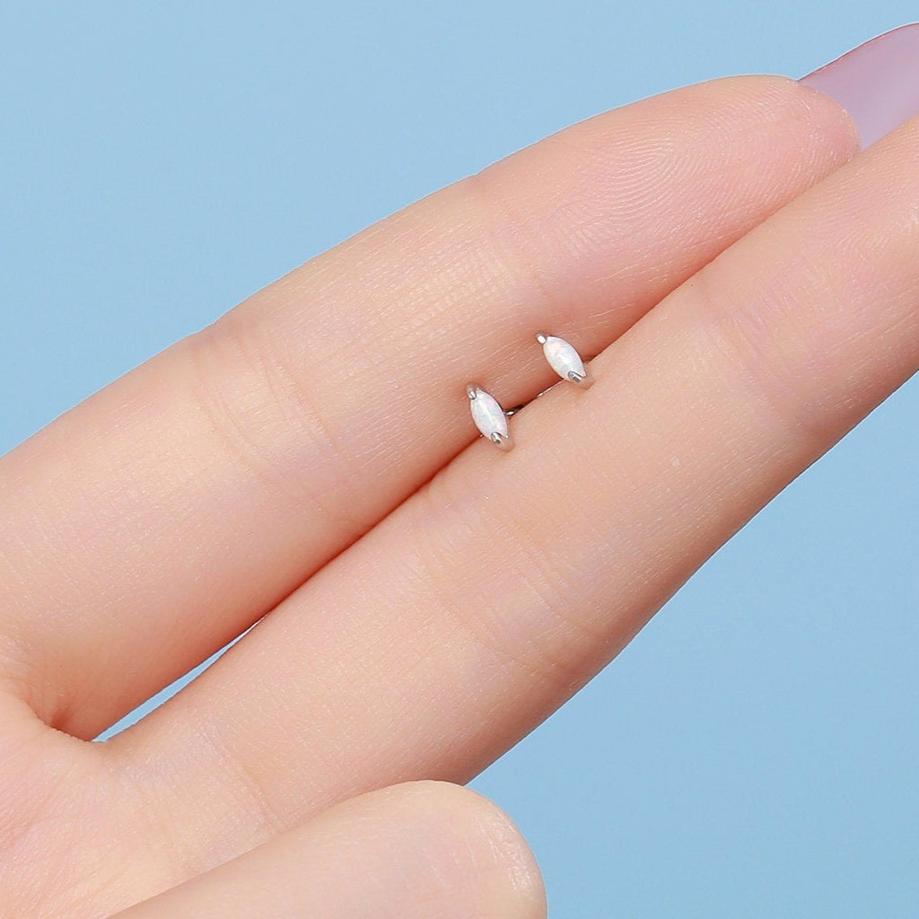 Sterling Silver White Opal Marquise Earrings, Stud Earrings or Screw Back, Extra Tiny Marquise Stud, Small Opal Stud, Gold or Silver