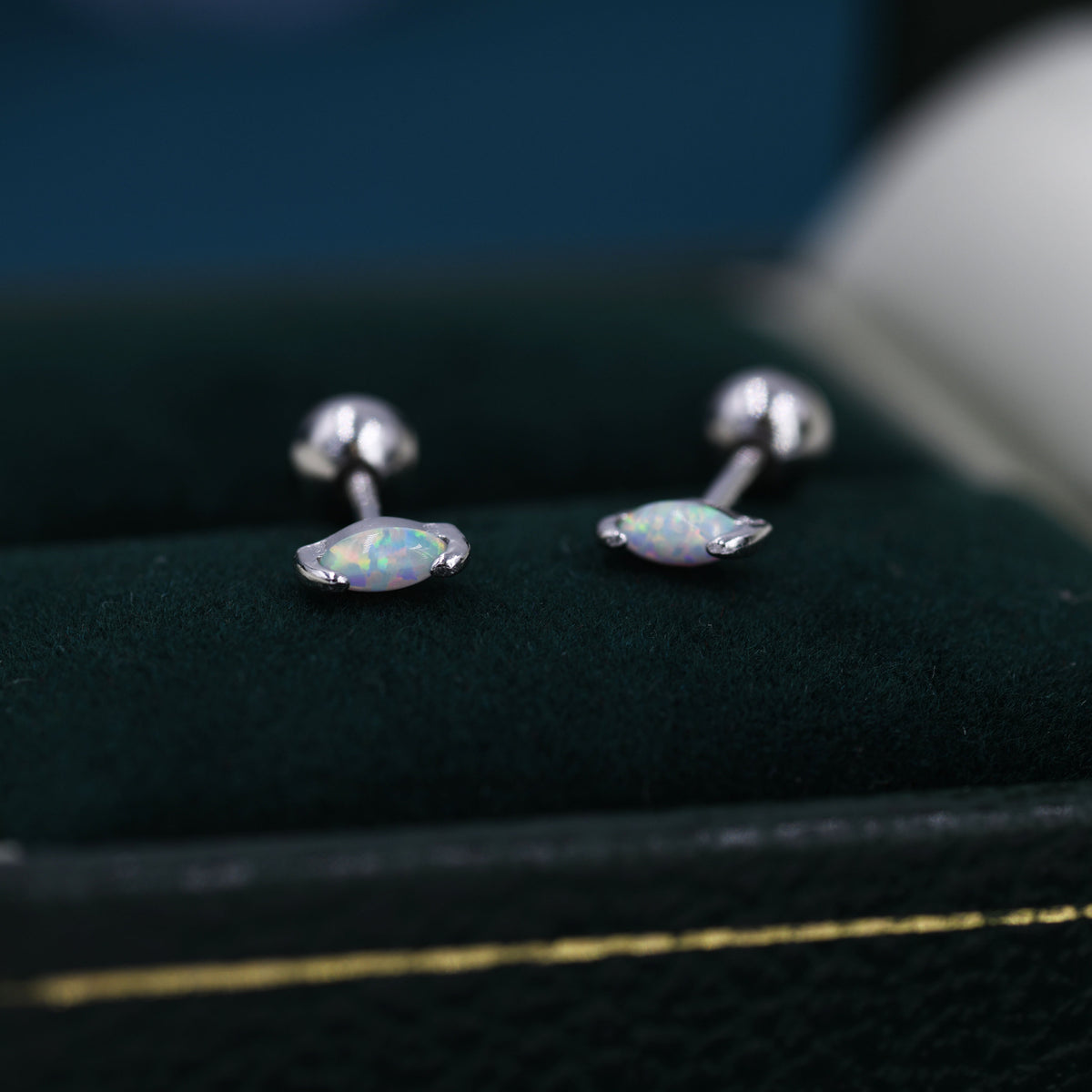 Sterling Silver White Opal Marquise Earrings Screw Back/ Flat Back/Stud Earring, Extra Tiny Marquise Opal Stud, Gold or Rose Gold