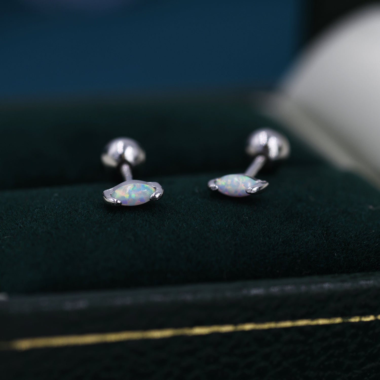Sterling Silver White Opal Marquise Earrings Screw Back/ Flat Back/Stud Earring, Extra Tiny Marquise Opal Stud, Gold or Rose Gold