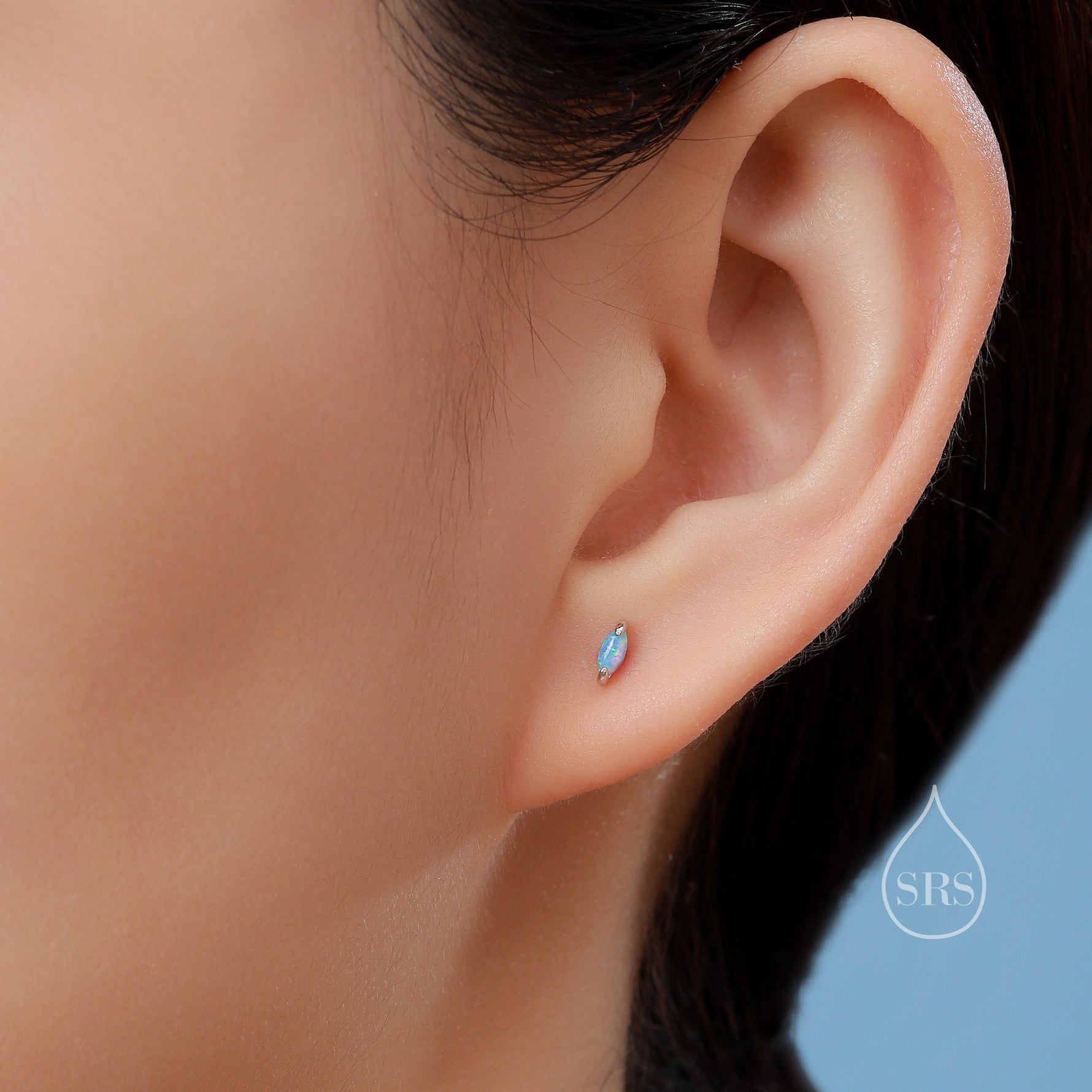 Sterling Silver Blue Opal Marquise 18G Screw Back Earrings