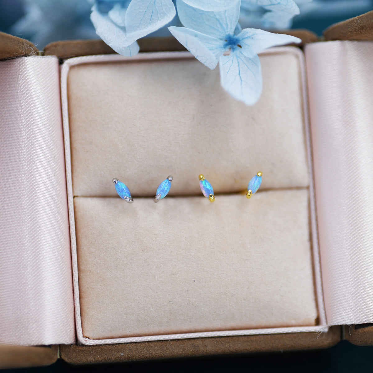 Sterling Silver Blue Opal Marquise 16G Internally Threaded Flat Back Earrings