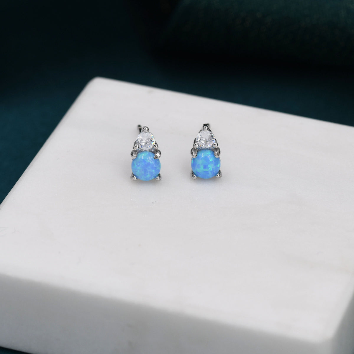 Sterling Silver Tiny Blue Opal and CZ Stud Earrings, Tiny Opal Earrings, Blue Opal, Lab Opal Stud