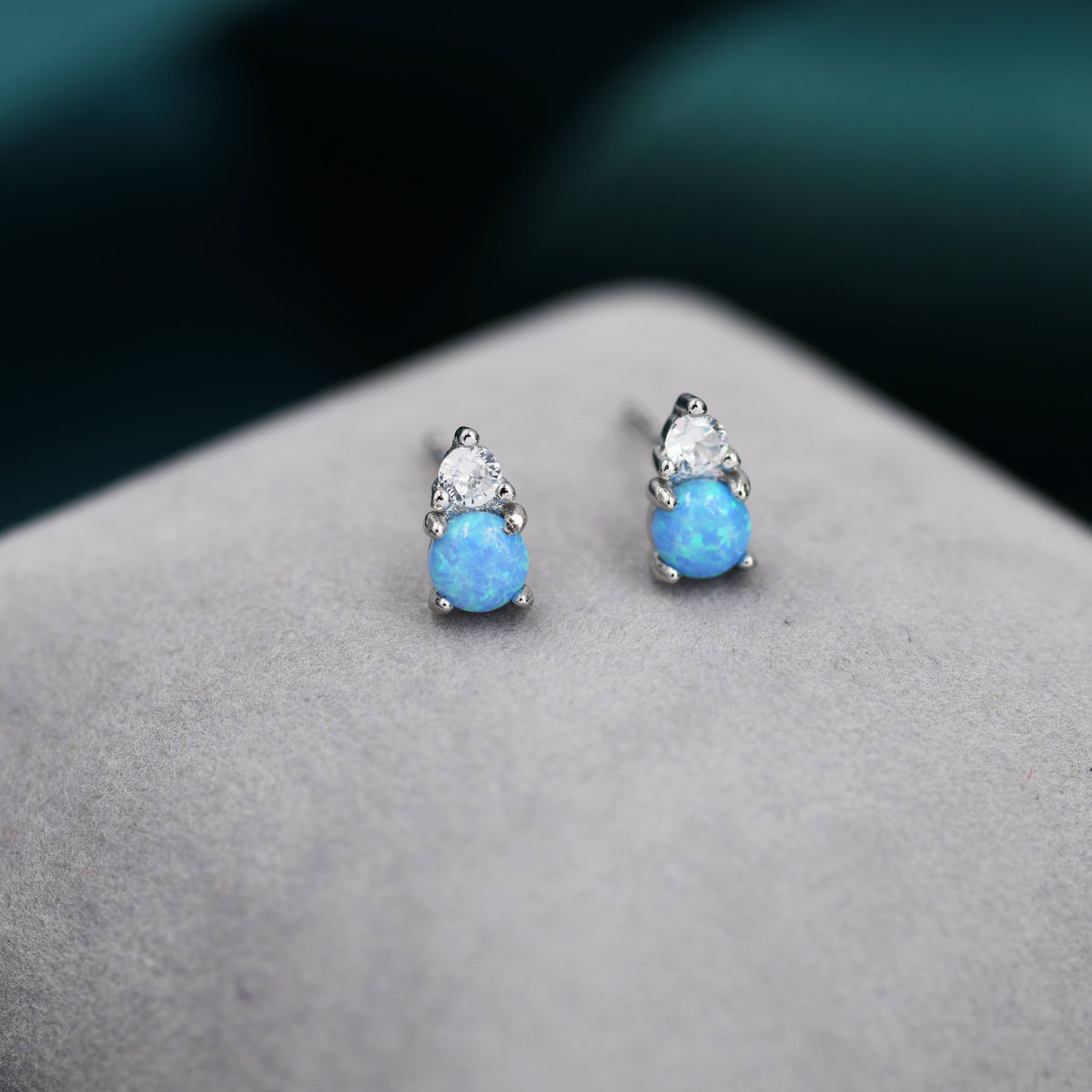 Sterling Silver Tiny Blue Opal and CZ Stud Earrings, Tiny Opal Earrings, Blue Opal, Lab Opal Stud
