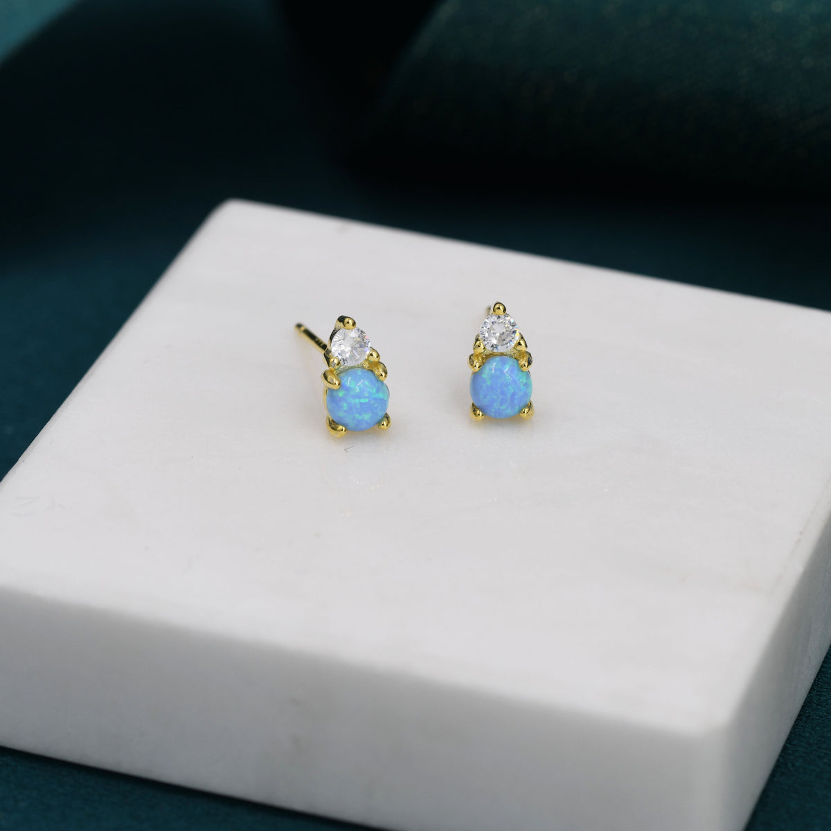 Sterling Silver Tiny Blue Opal and CZ Stud Earrings, Tiny Opal Earrings, Blue Opal, Lab Opal Stud