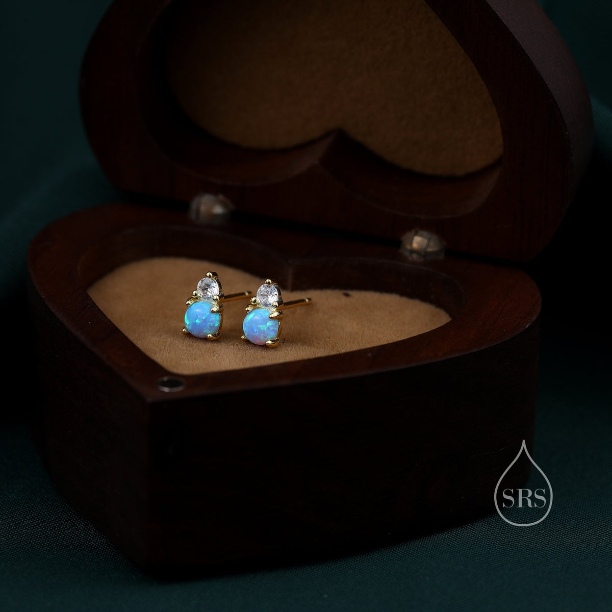 Sterling Silver Tiny Blue Opal and CZ Stud Earrings, Tiny Opal Earrings, Blue Opal, Lab Opal Stud