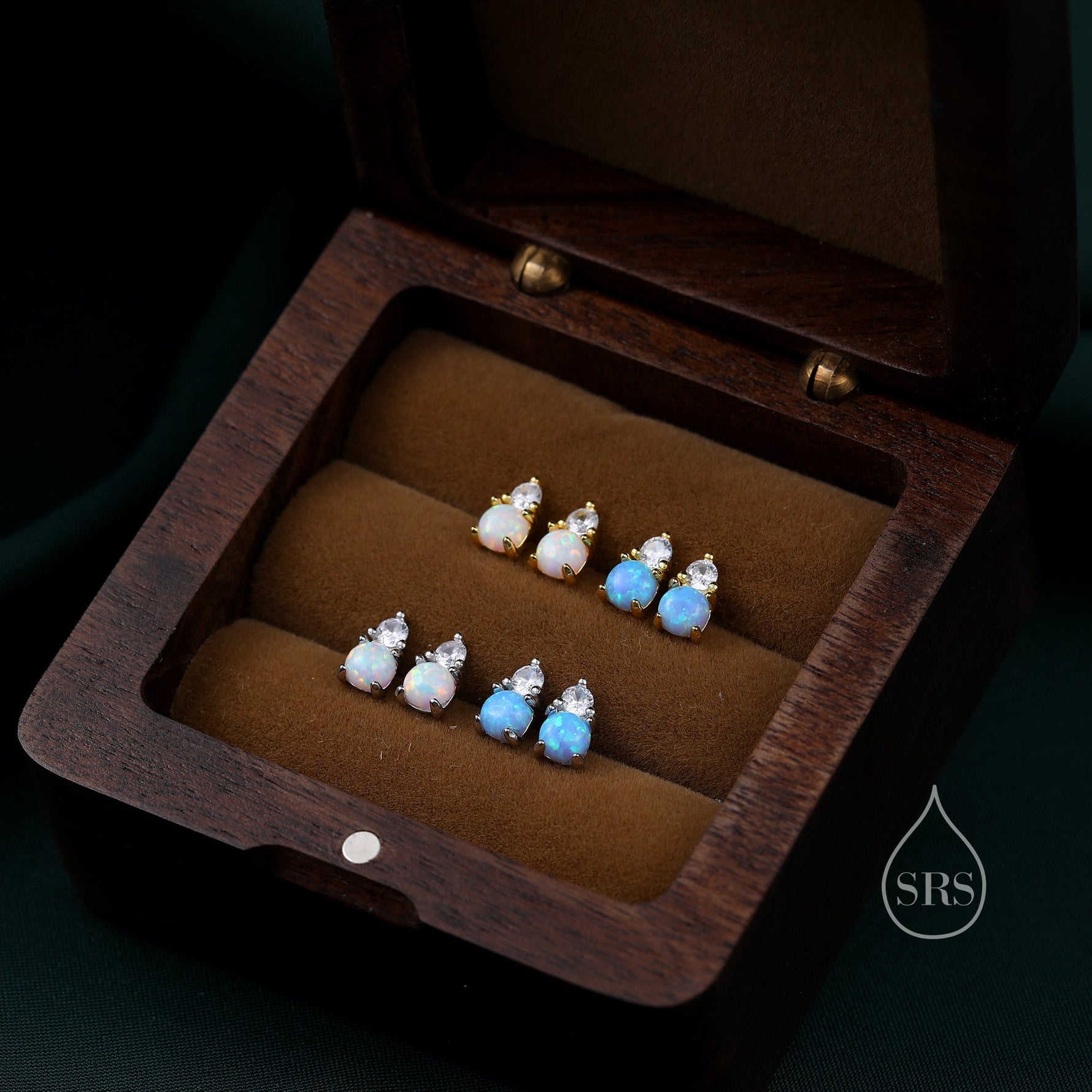 Sterling Silver Tiny Blue Opal and CZ Stud Earrings, Tiny Opal Earrings, Blue Opal, Lab Opal Stud
