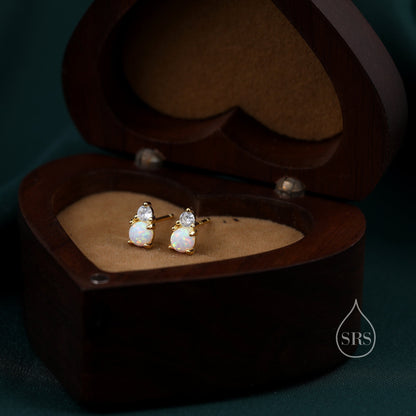 Sterling Silver Tiny White Opal and CZ Stud Earrings, Tiny Opal Earrings, Fire Opal Earrings, Lab Opal Stud