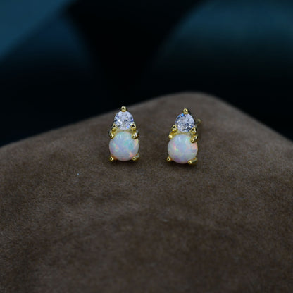Sterling Silver Tiny White Opal and CZ Stud Earrings, Tiny Opal Earrings, Fire Opal Earrings, Lab Opal Stud