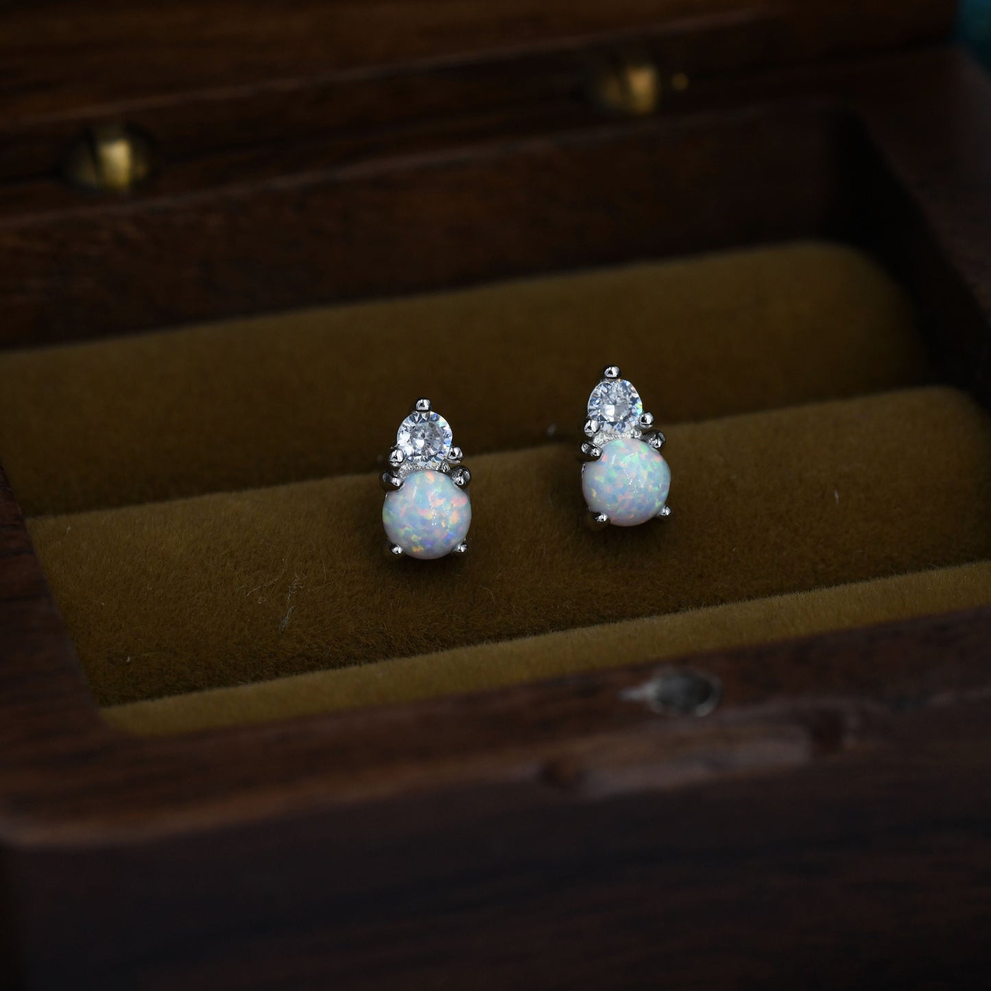 Sterling Silver Tiny White Opal and CZ Stud Earrings, Tiny Opal Earrings, Fire Opal Earrings, Lab Opal Stud