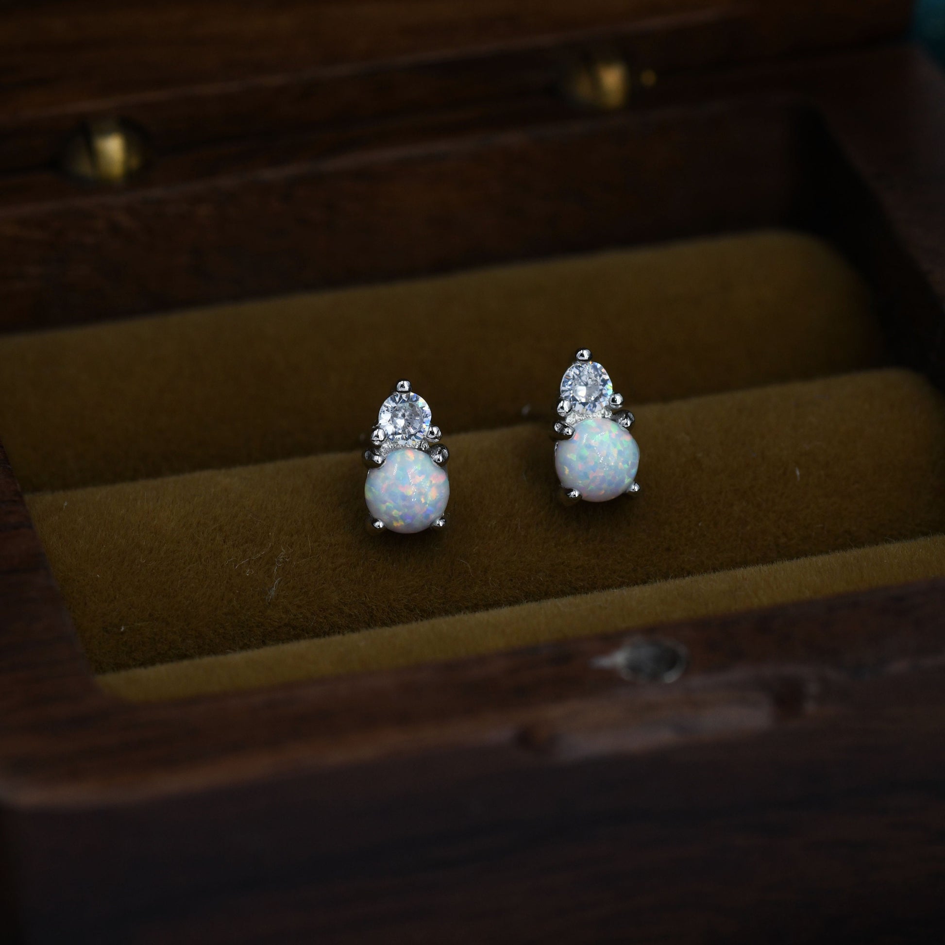 Sterling Silver Tiny White Opal and CZ Stud Earrings, Tiny Opal Earrings, Fire Opal Earrings, Lab Opal Stud