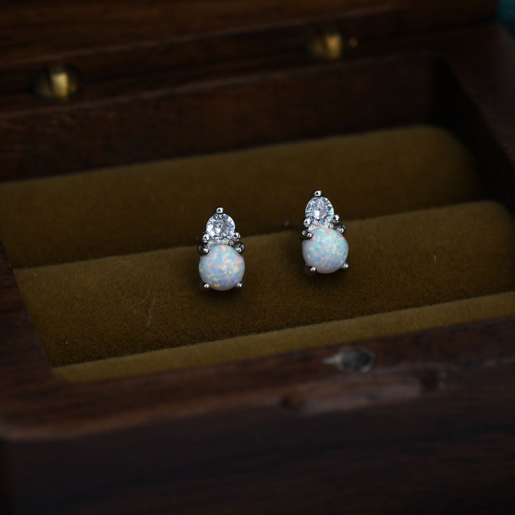Sterling Silver Tiny White Opal and CZ Stud Earrings, Tiny Opal Earrings, Fire Opal Earrings, Lab Opal Stud