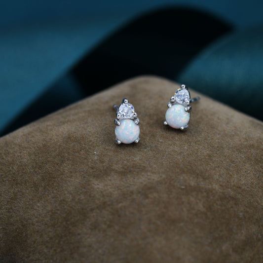 Sterling Silver Tiny White Opal and CZ Stud Earrings, Tiny Opal Earrings, Fire Opal Earrings, Lab Opal Stud