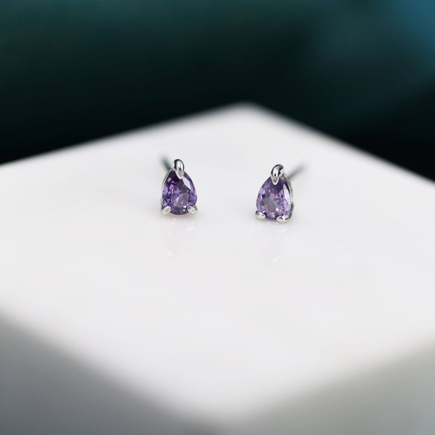 Extra Tiny Amethyst Purple Droplet CZ Stud Earrings in Sterling Silver, Tiny Pear Cut CZ Stud Earrings, Silver or Gold, February Birthstone