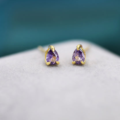 Extra Tiny Amethyst Purple Droplet CZ Stud Earrings in Sterling Silver, Tiny Pear Cut CZ Stud Earrings, Silver or Gold, February Birthstone