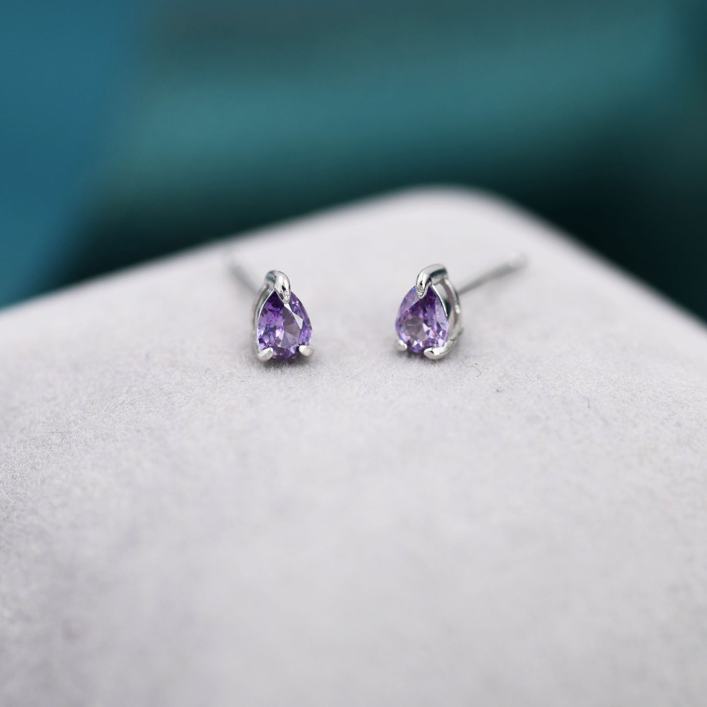 Extra Tiny Amethyst Purple Droplet CZ Stud Earrings in Sterling Silver, Tiny Pear Cut CZ Stud Earrings, Silver or Gold, February Birthstone