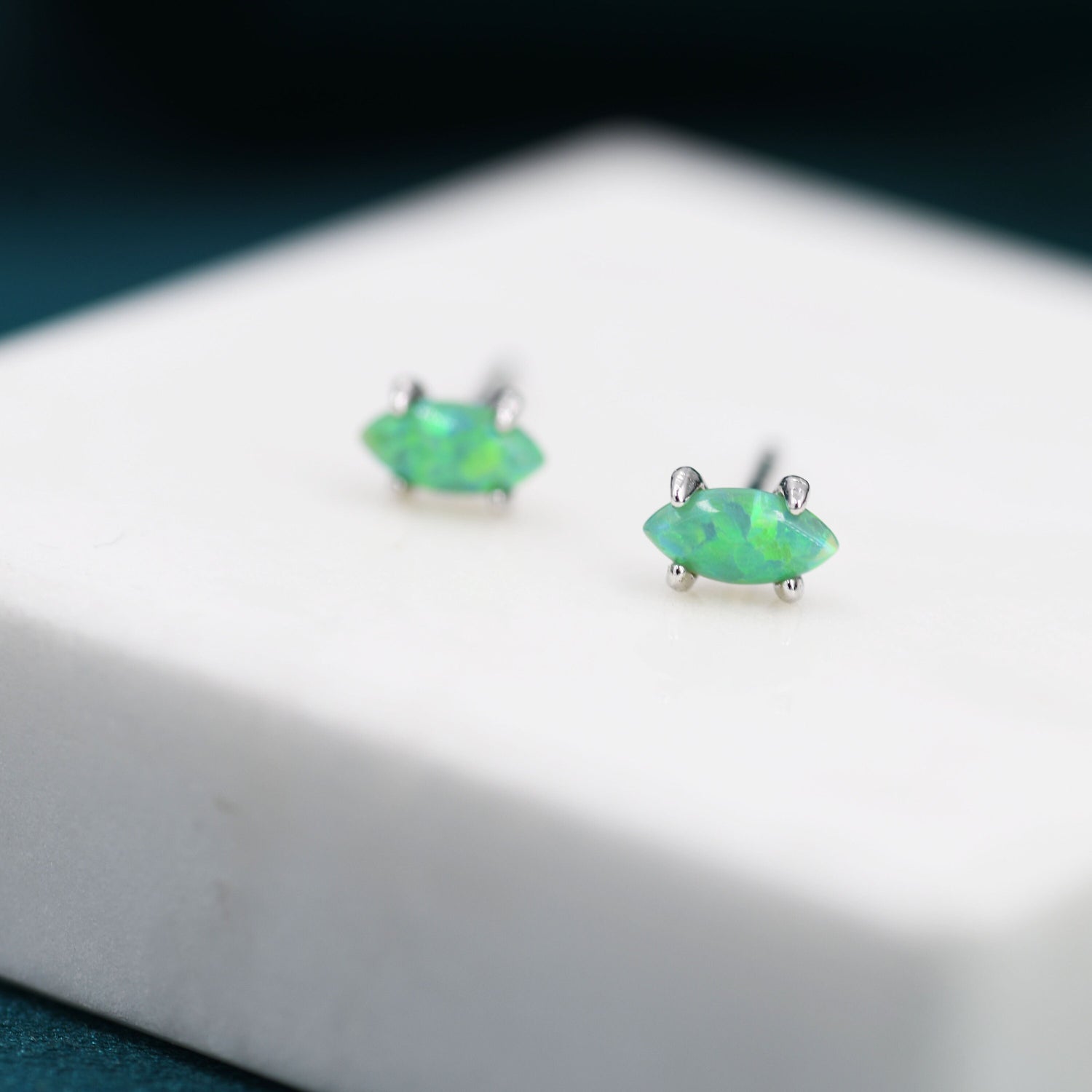 Tiny Mint Green Opal Marquise Stud Earrings in Sterling Silver, Tiny Marquise Opal Earrings, Mint Green Opal, Lab Opal Stud