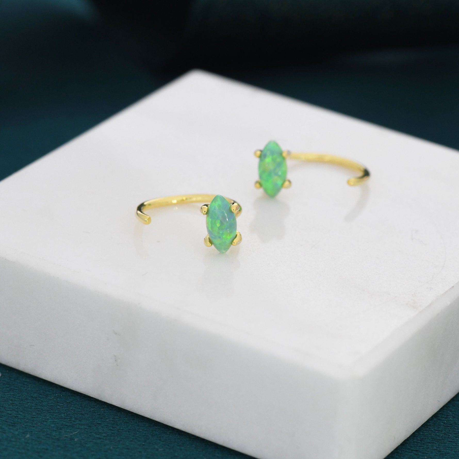 Mint Green Opal Marquise Huggie Hoop Earrings in Sterling Silver, Tiny Opal Open Hoop Earrings, Opal Pull Through Threaders, Half Hoops