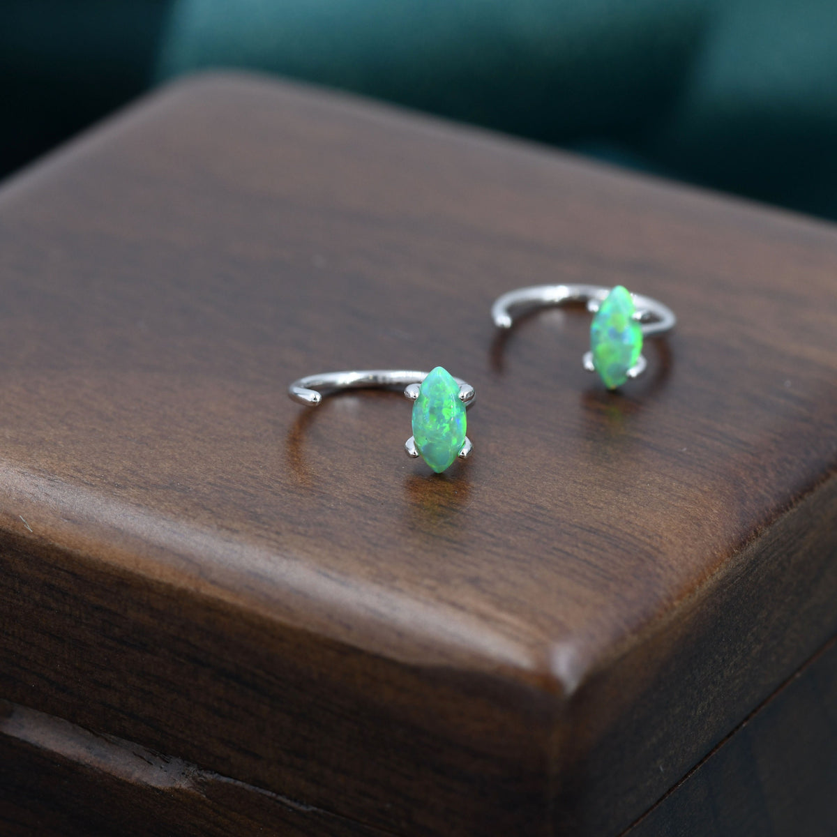 Mint Green Opal Marquise Huggie Hoop Earrings in Sterling Silver, Tiny Opal Open Hoop Earrings, Opal Pull Through Threaders, Half Hoops