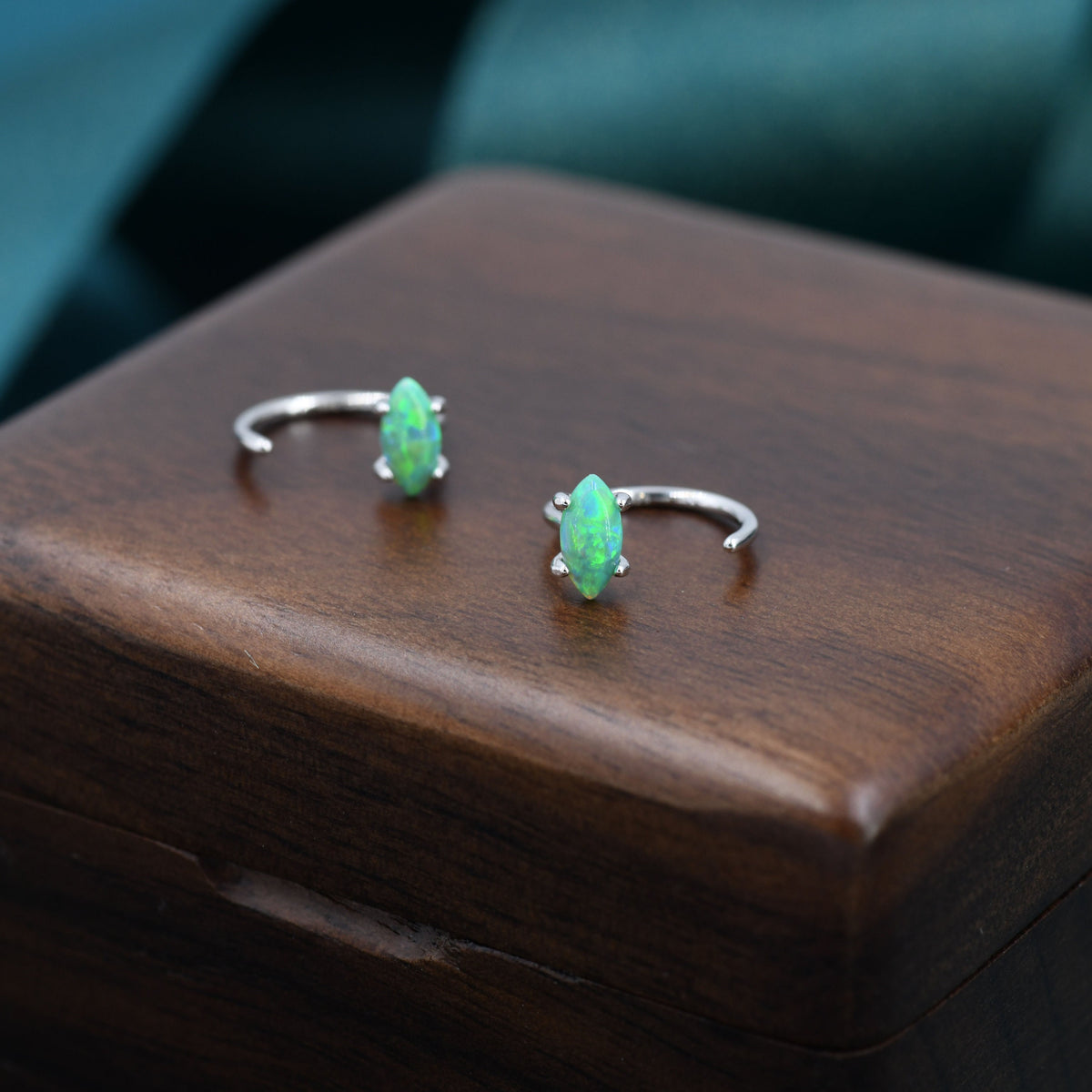 Mint Green Opal Marquise Huggie Hoop Earrings in Sterling Silver, Tiny Opal Open Hoop Earrings, Opal Pull Through Threaders, Half Hoops