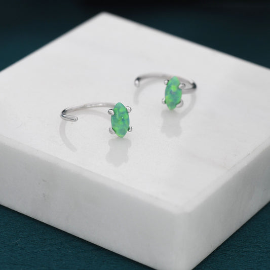 Mint Green Opal Marquise Huggie Hoop Earrings in Sterling Silver, Tiny Opal Open Hoop Earrings, Opal Pull Through Threaders, Half Hoops