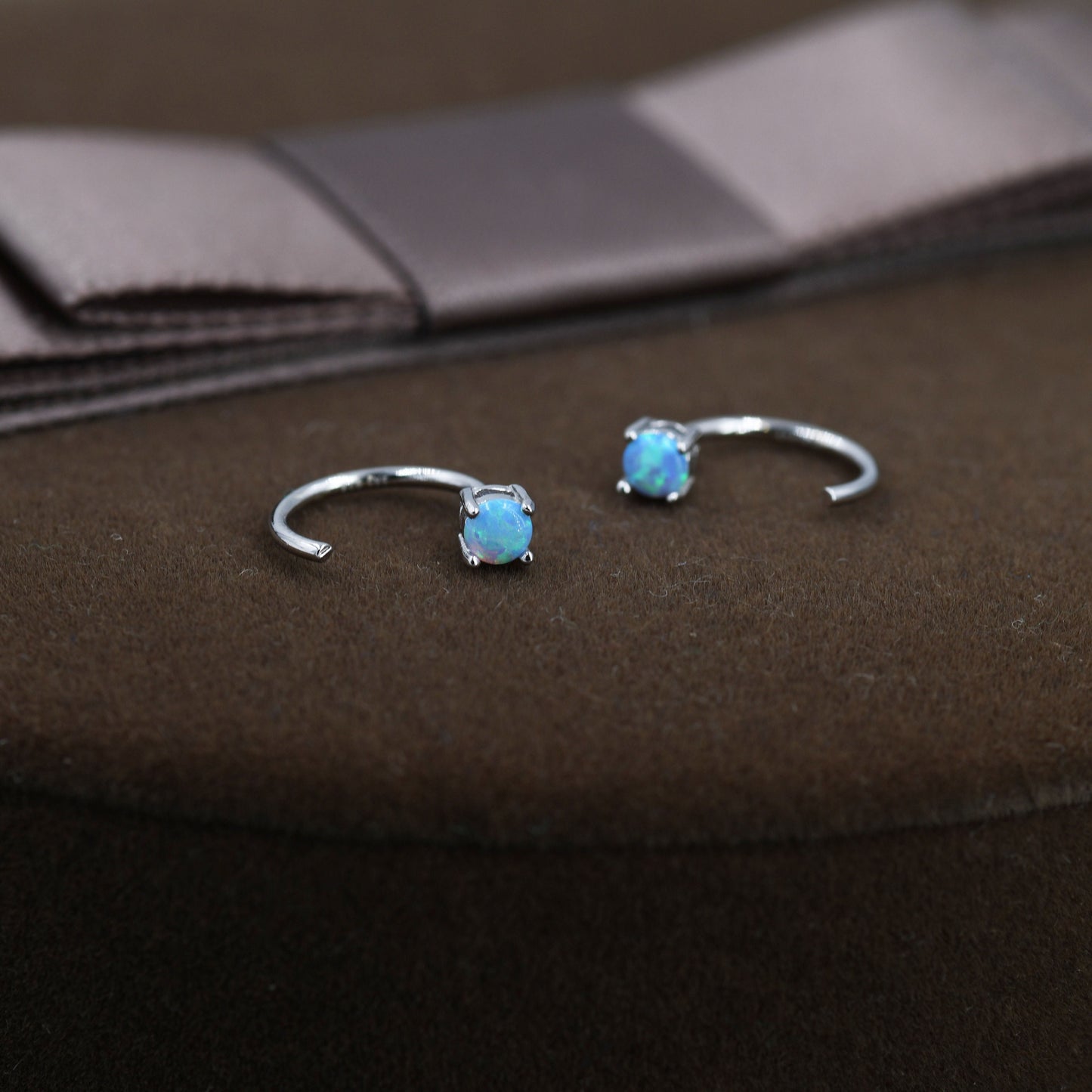 Blue Opal Huggie Hoop Earrings in Sterling Silver, Tiny Opal Open Hoop Earrings, Opal Pull Through Threaders, Half Hoops, C Shape Opal Hoops