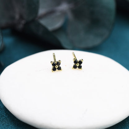 Black CZ Flower Stud Earrings in Sterling Silver, 4mm or 5mm, Crystal Flower Earrings, Hydrangea Stud, Four Crystal Stud