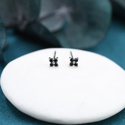 Black CZ Flower Stud Earrings in Sterling Silver, 4mm or 5mm, Crystal Flower Earrings, Hydrangea Stud, Four Crystal Stud