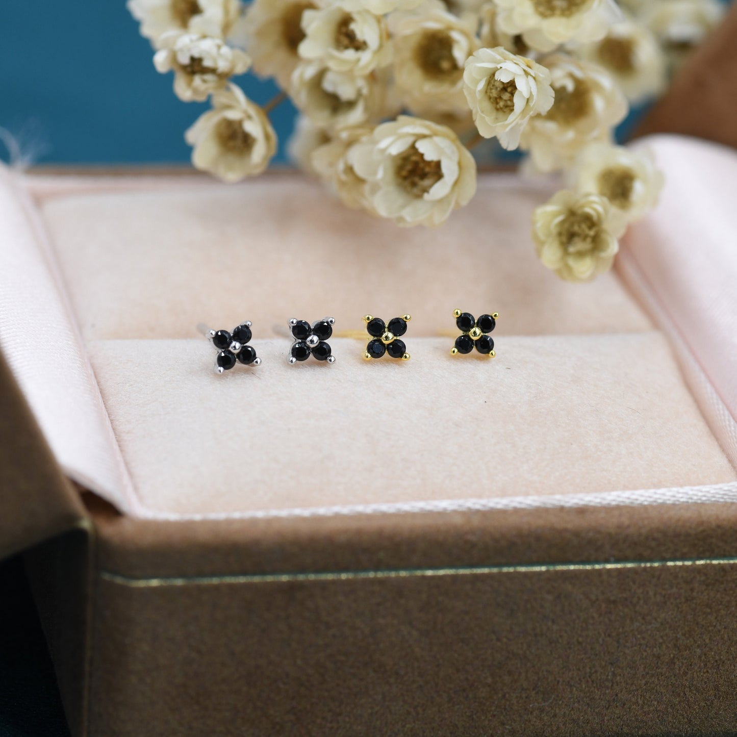 Black CZ Flower Stud Earrings in Sterling Silver, Crystal Flower Earrings, Hydrangea Stud, Four Crystal Stud