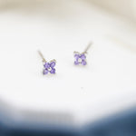 Amethyst Purple CZ Flower Stud Earrings in Sterling Silver, Crystal Flower Earrings, Hydrangea Flower Stud, Four Crystal Stud
