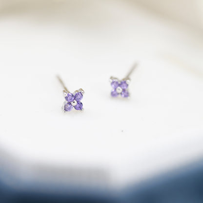 Amethyst Purple CZ Flower Stud Earrings in Sterling Silver, Crystal Flower Earrings, Hydrangea Flower Stud, Four Crystal Stud