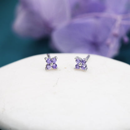 Amethyst Purple CZ Flower Stud Earrings in Sterling Silver, Crystal Flower Earrings, Hydrangea Flower Stud, Four Crystal Stud