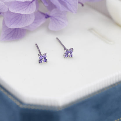 Amethyst Purple CZ Flower Stud Earrings in Sterling Silver, Crystal Flower Earrings, Hydrangea Flower Stud, Four Crystal Stud