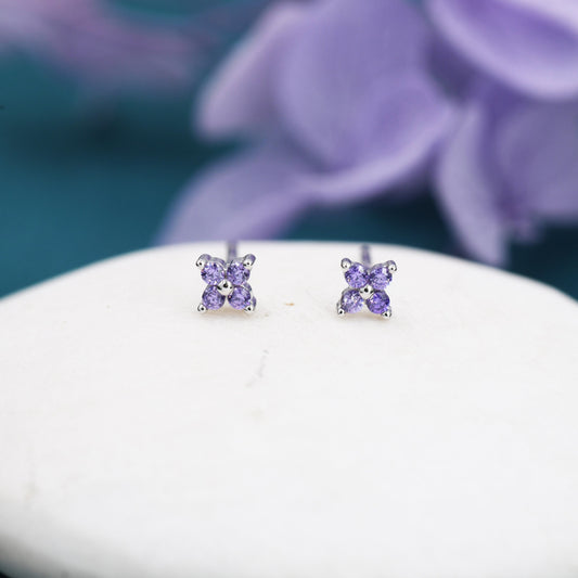 Amethyst Purple CZ Flower Stud Earrings in Sterling Silver, Crystal Flower Earrings, Hydrangea Flower Stud, Four Crystal Stud