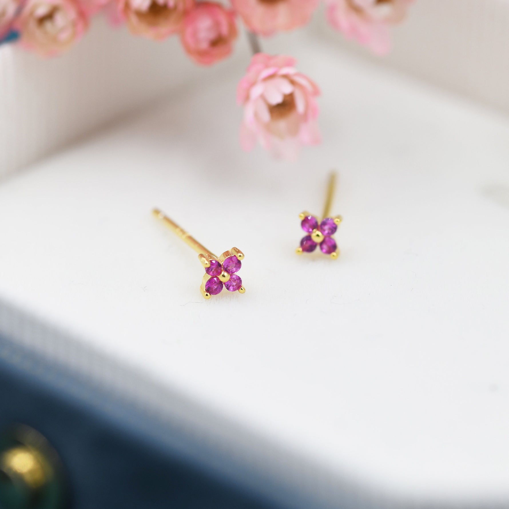 Ruby Pink CZ Flower Stud Earrings in Sterling Silver, Crystal Flower Earring, Four Crystal Stud