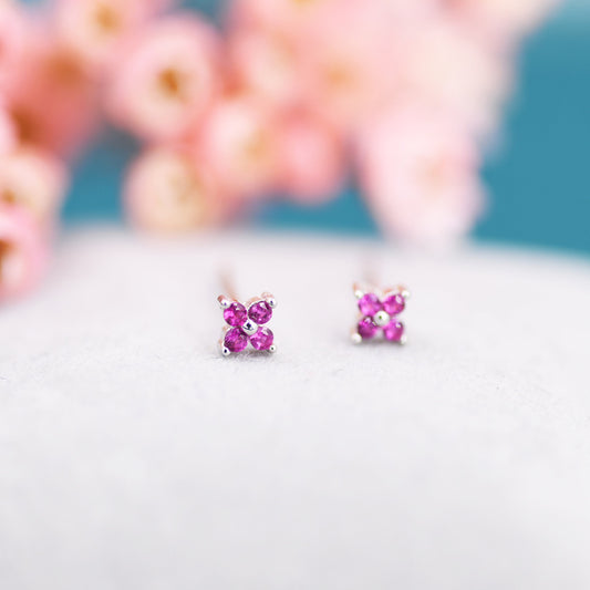 CZ Flower Stud Earrings in Sterling Silver, Crystal Flower Earrings, Amethyst, Ruby, Emerald and Black Diamond, Four Crystal Stud