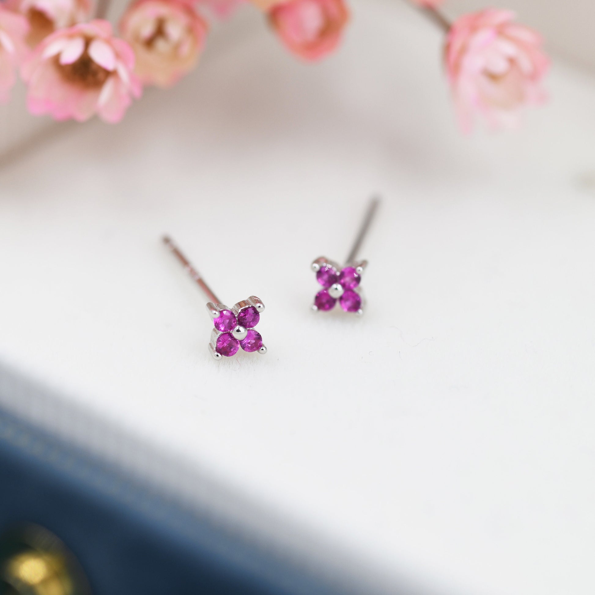 CZ Flower Stud Earrings in Sterling Silver, Crystal Flower Earrings, Amethyst, Ruby, Emerald and Black Diamond, Four Crystal Stud
