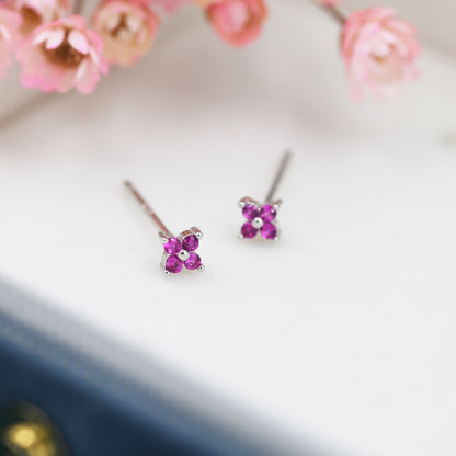 CZ Flower Stud Earrings in Sterling Silver, Crystal Flower Earrings, Amethyst, Ruby, Emerald and Black Diamond, Four Crystal Stud