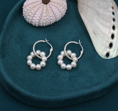 Pearl Wreath Hoop Earrings in Sterling Silver, Detachable Beaded Pearl Hoop Earrings, Pearl Charm Hoop Earrings, 14mm Hoops