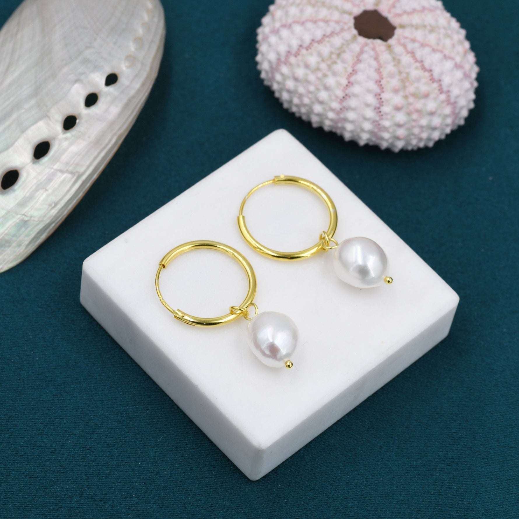 Genuine Baroque Pearl CZ Crystal Large Huggie Hoop Earrings in Sterling Silver, Gold or Silver, Hoop Earrings R99