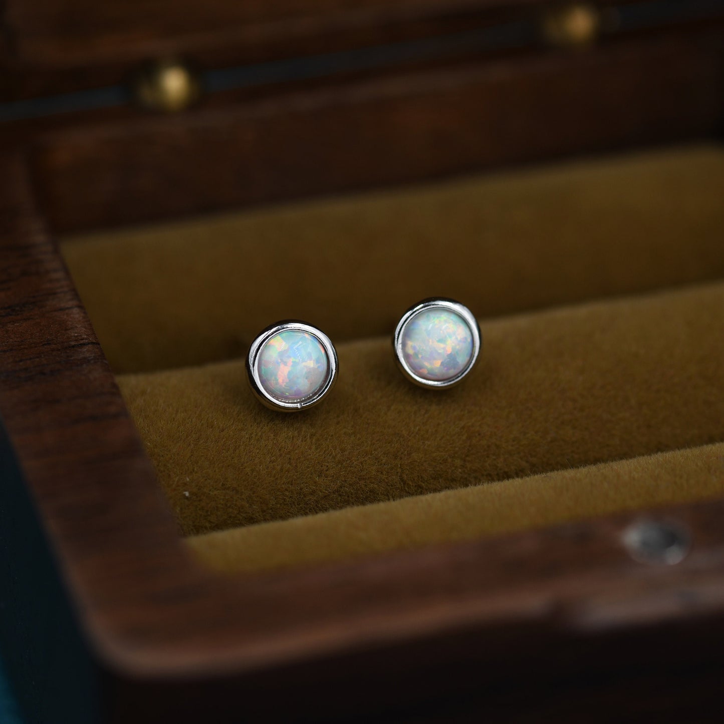 Sterling Silver White Opal  Stone Crystal Stud Earrings. Gold or Silver, Round Minimalist Dot Geometric Design. bridesmaid jewellery.