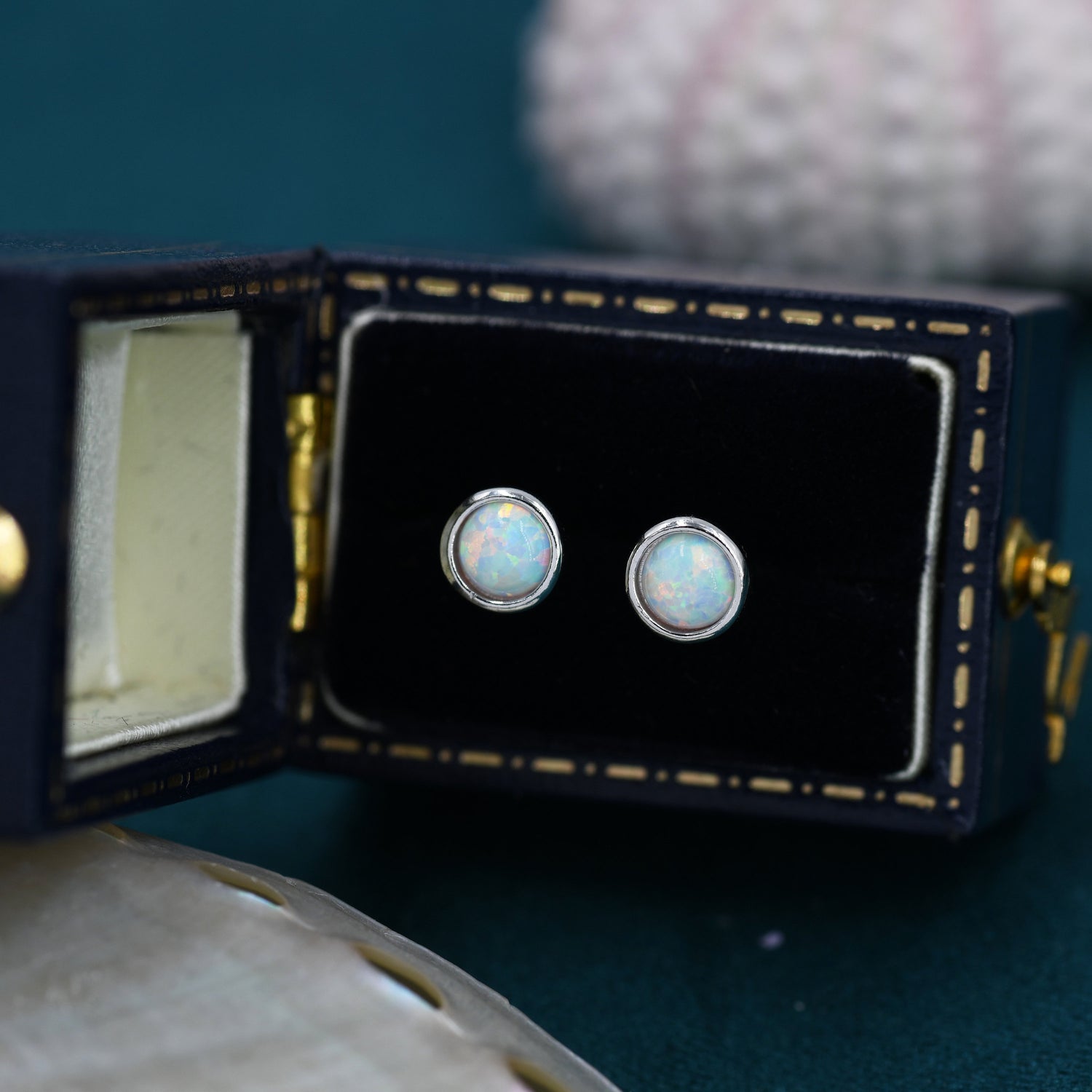 Sterling Silver Blue Opal White Opal Stone Crystal Stud Earrings. Round Minimalist Dot Geometric Design. bridesmaid jewellery.